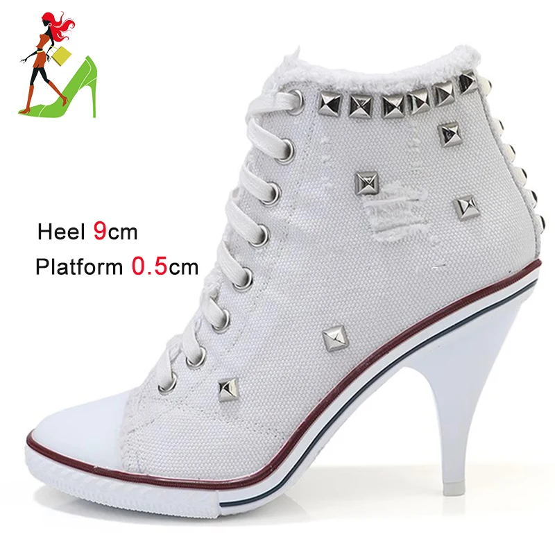 Voesnees Frauen Kurze Stiefel Denim Verzierte Ankle Booties High Heels Pumps Damen Botas Mujer Nieten Dünne High Heels Lace-up Denim schuhe 3