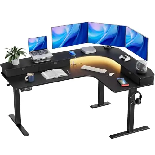 65″ L Shaped Standing Desk with 3 Drawers, Adjustable, Black