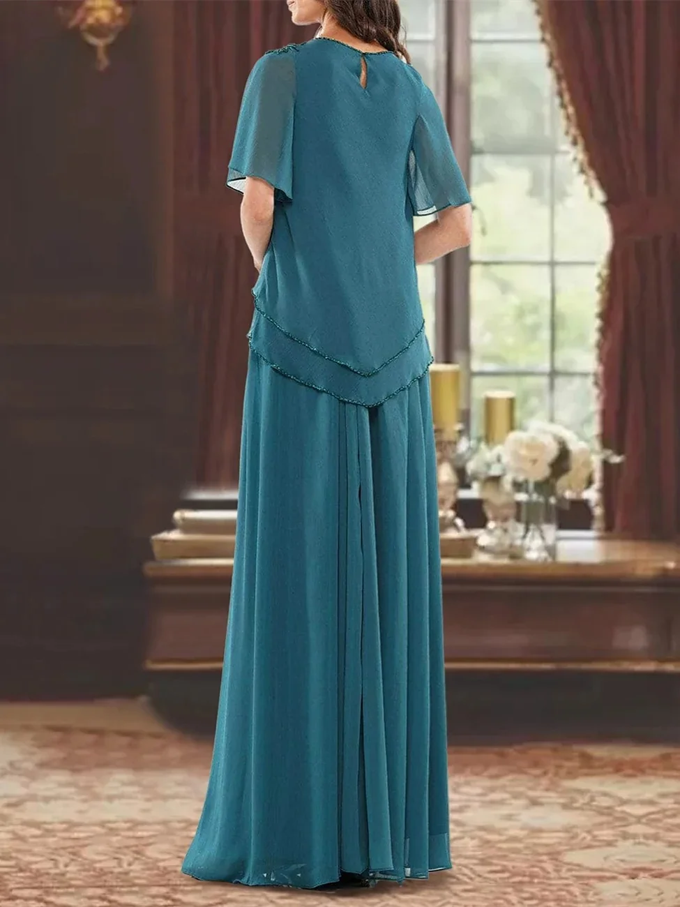 Kleid für die Brautmutter, formelle Hochzeitsgäste, elegant, mit Juwelenausschnitt, bodenlang, Chiffon, kurze Ärmel mit Perlenstickerei 2024