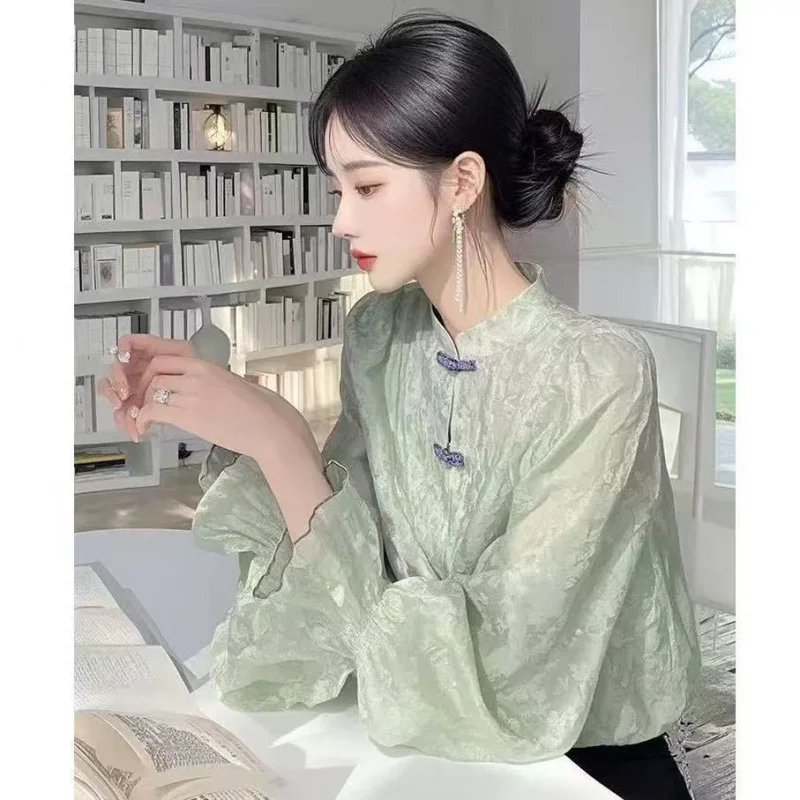 

Spring Summer New Chinese Style Green Chiffon Blouse For Women Niche Fashion Elegant Design