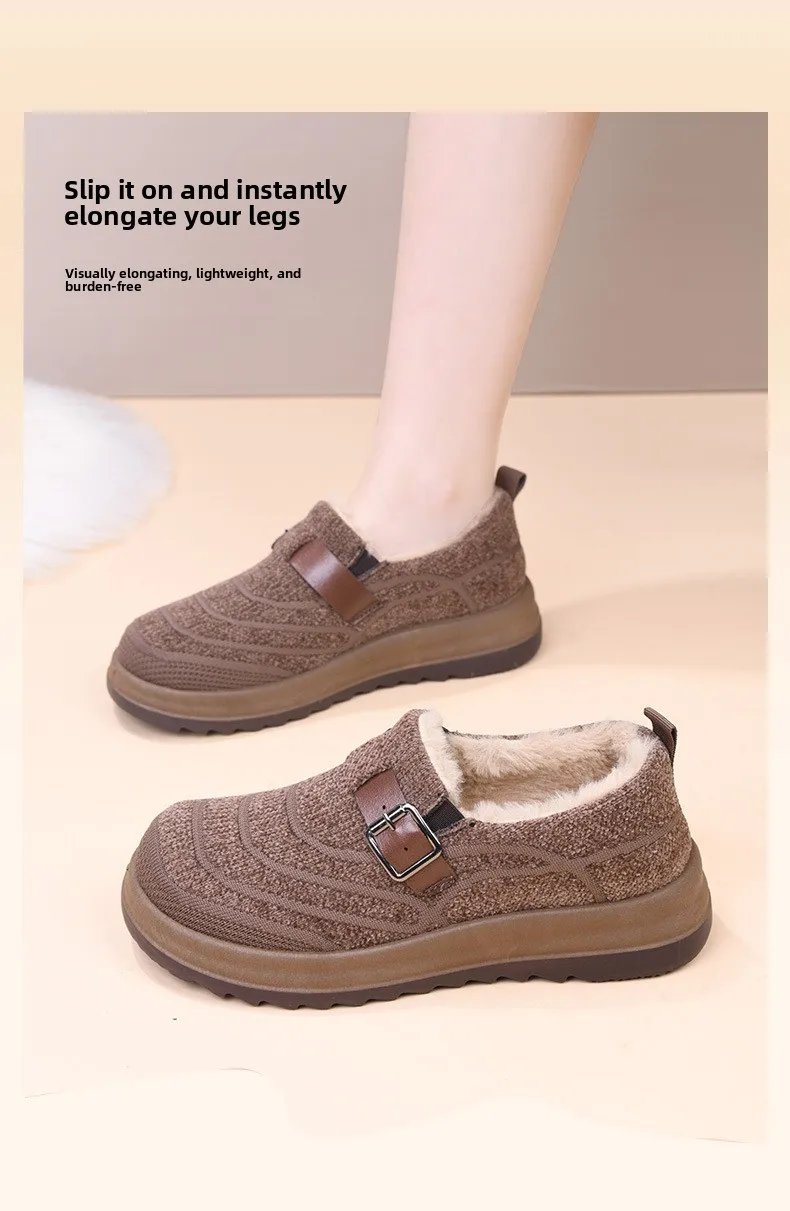 Damen-Winter-Loafer mit Fleecefutter, warme Slipper aus Strickstoff, rutschfeste Freizeitschuhe mit Schnallenriemen und dicker Plattformsohle – Detail 4