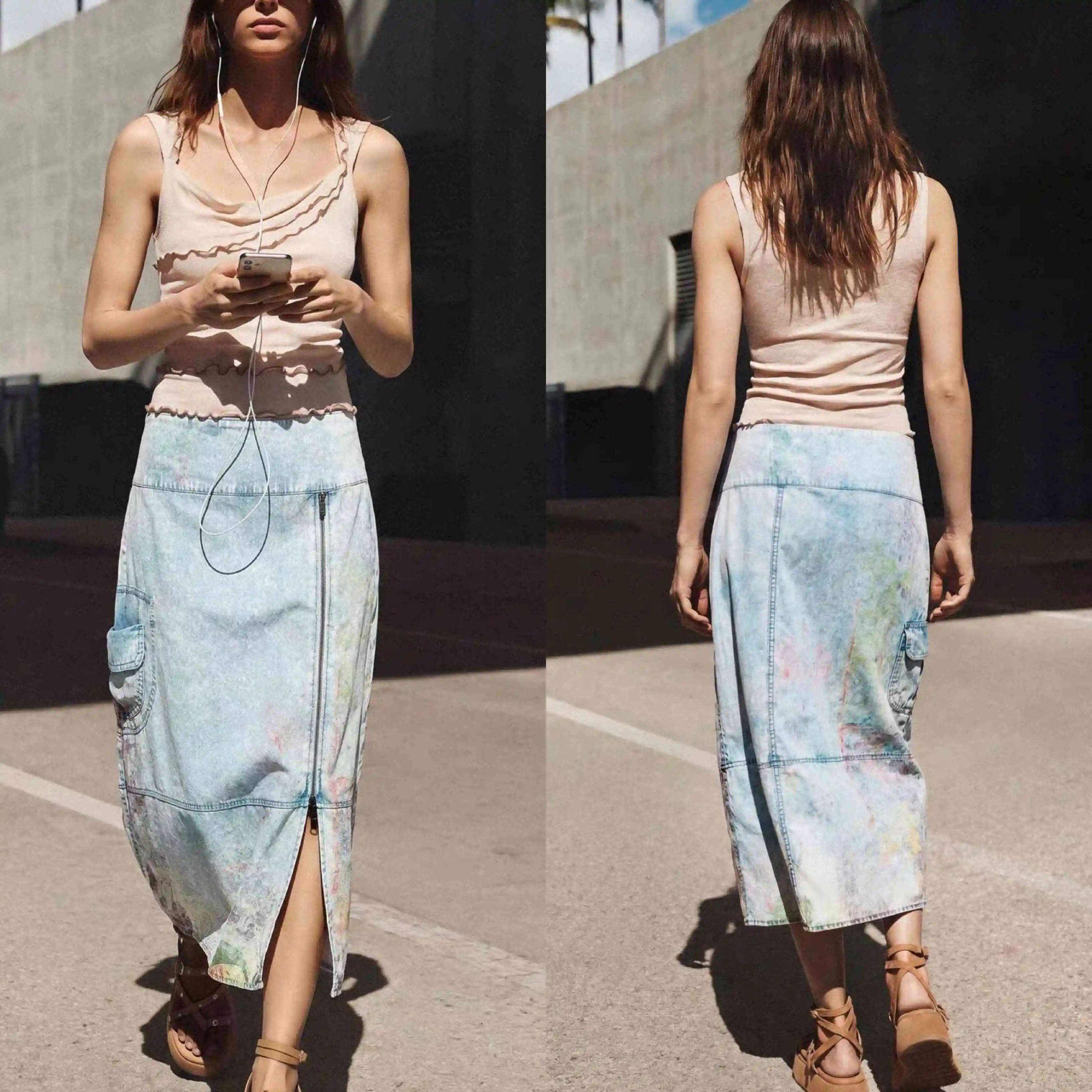 Original Spanish European and American style midi skirt with printed zipper, mid length denim skirt, new product