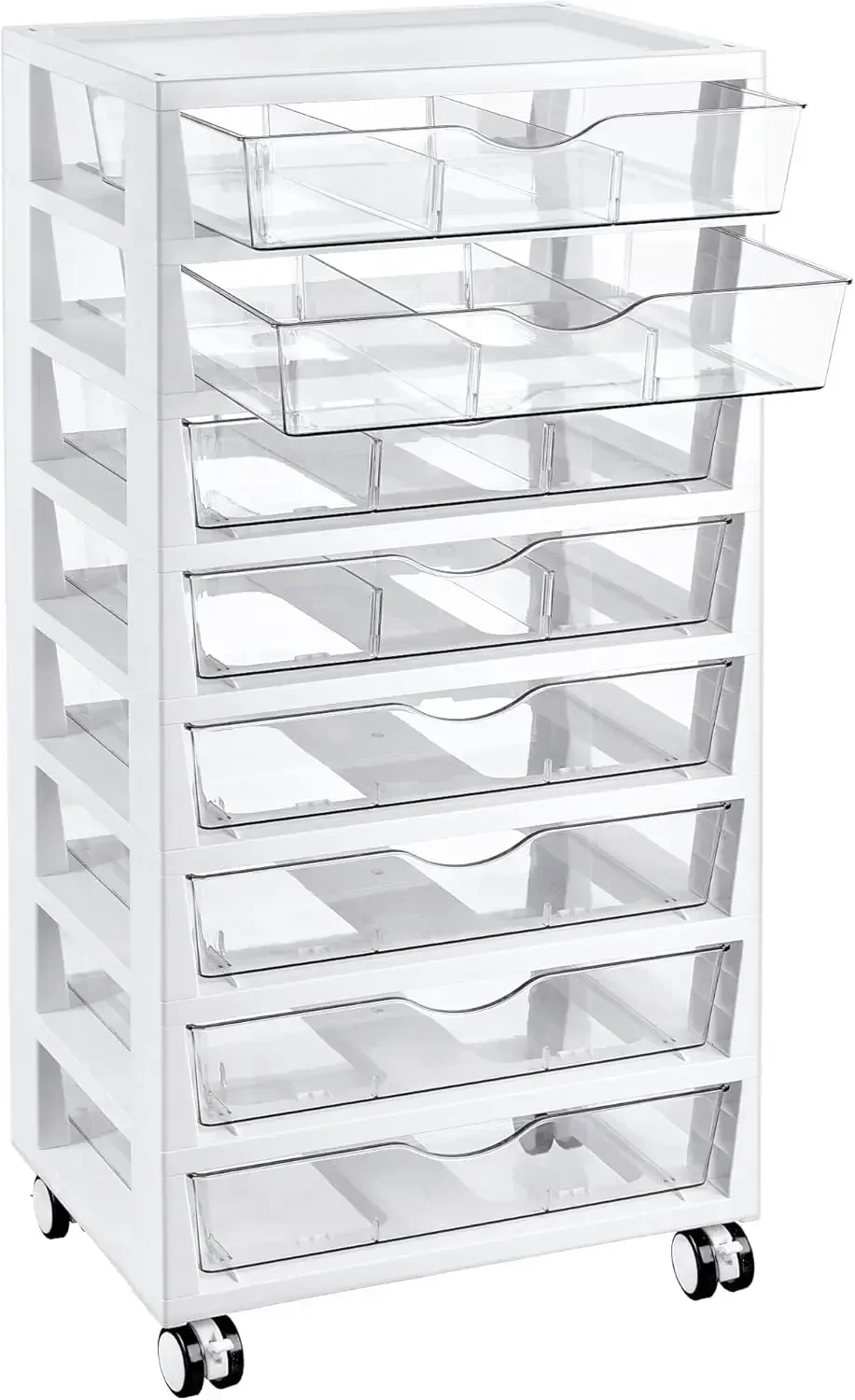 8 Tier Rolling Cart with Drawers, Clear Plastic Drawers with Removable Dividers for Art &Office Supplies, Beauty Products, Toy,