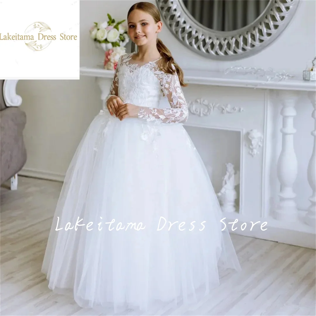 

Flower Girl Dresses White Tulle Lace Appliques With Bow Long Sleeve For Wedding Birthday Party First Communion Gowns