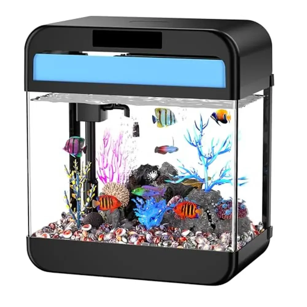 Aquarium Fish Tank 2.2 Gallon 3 Color Light Self Cleaning Water Pump Oxygenation Filtration Kit Decor Plants Sponge Board