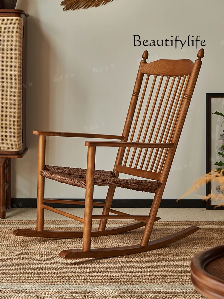 Rocking Chair Rope Woven Manila Rocking Chair Vintage with Armrest High Backrest Rocking Chair Bed & Breakfast Furniture