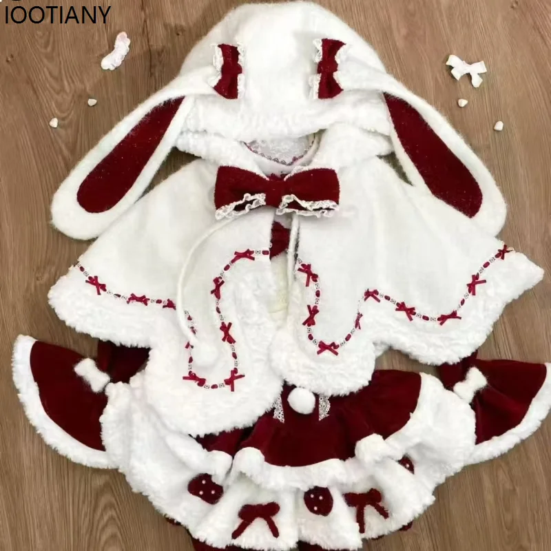 Winter Christmas Lolita 3 Piece Sets Women Kawaii Plush Bunny Ear Hooded Cloak Coat Bow Mini Dresses Korean Style Sweet Suit