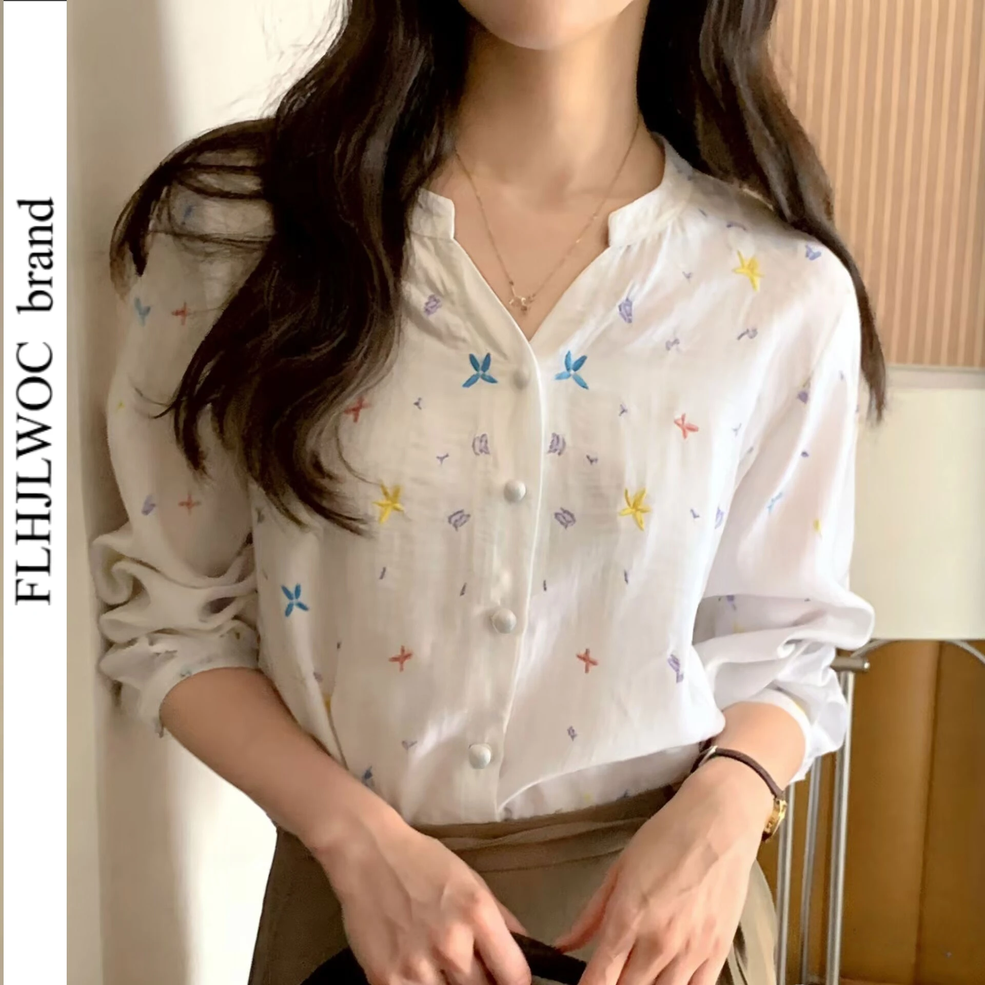 

Loose Clothes Summer Casual Tops Blouses New 2026 Woman Cute Girls Cotton Linen Embroidery V Neck Button Retro Vintage Shirts