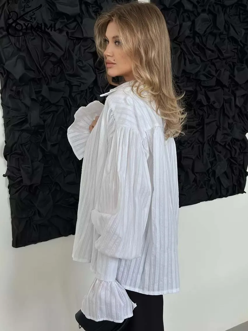 Oymimi Elegant White Cotton Women's Shirt Fashion Lapel Long Sleeve Pleated Shirts Casual Single Breasted Solid Shirt Streetwear