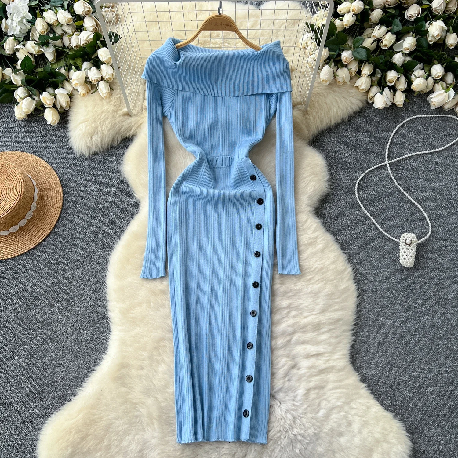 Elegant Turn-down Collar Vintage Long Sleeve Patchwork Buttons Slim Knit Dress Korean Evening High Street Autumn Winter Clothing