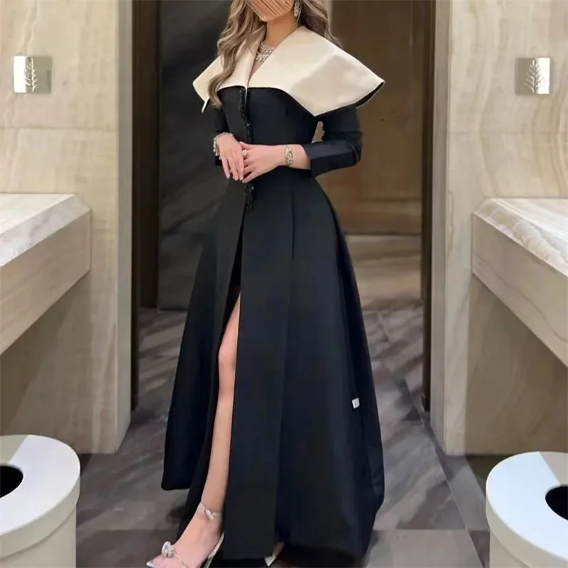 

SugoWeddingparty Elegent Black Side Slit A-Line Prom Dresses V Neck Long Sleeves Formal Occasion Dress 2024