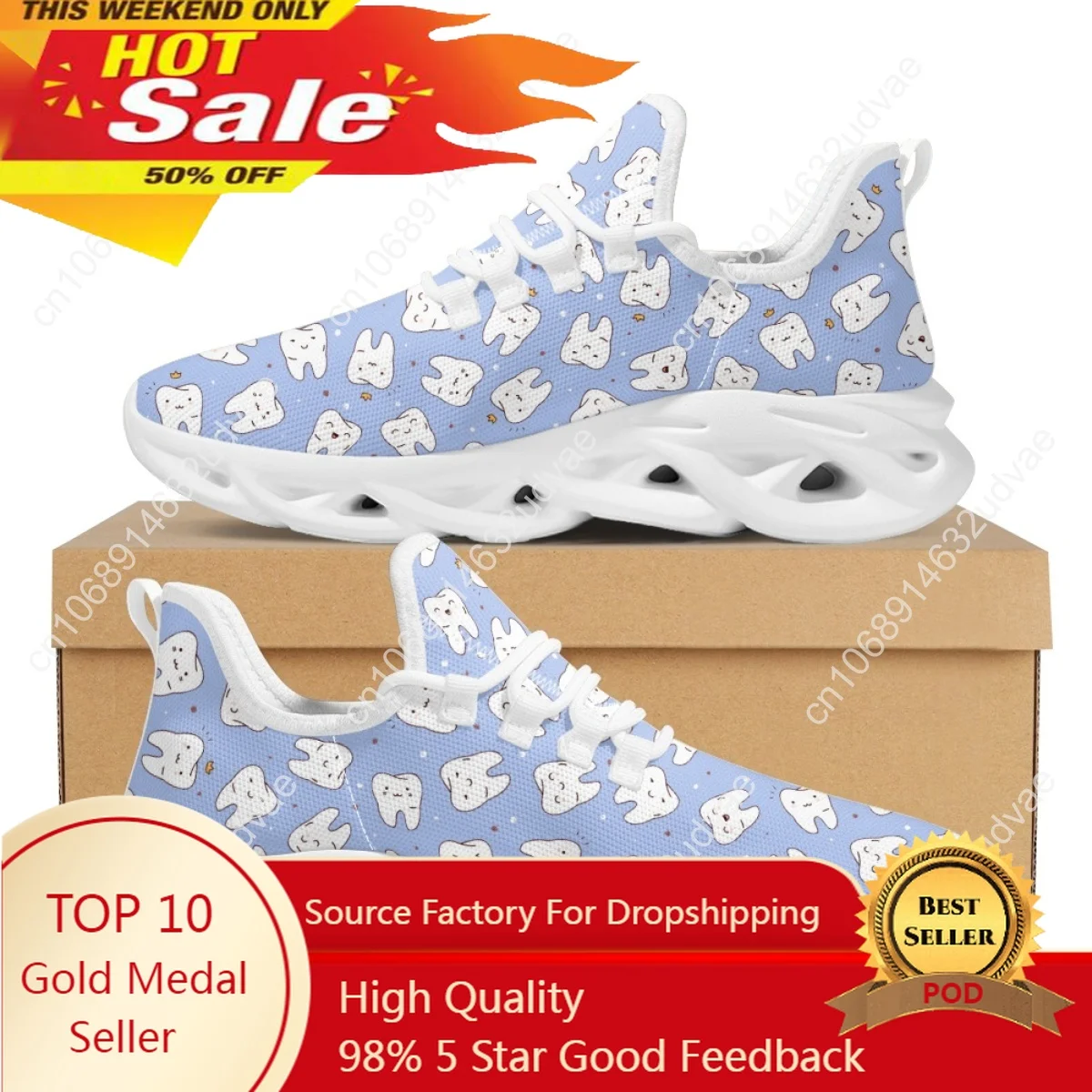 Cute Teeth Dental Pattern Ladies Mesh Sneakers Lightweight Lace-up Flat Shoes Breathable Outdoor Tennis Zapatos 2023