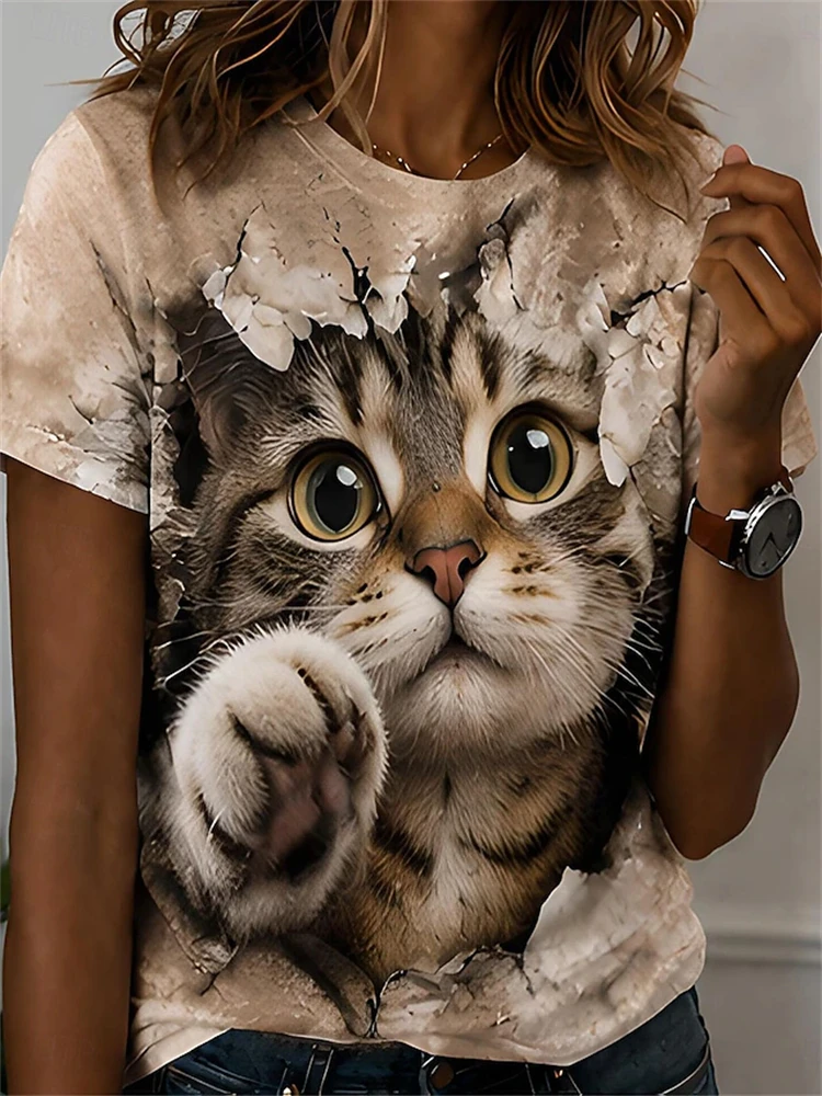 2026 New Women's Short-Sleeve T-Shirt Round-Neck Cute Kitten Print Top Casual Streetwear Style Women's Short-Sleeve T-Shirt
