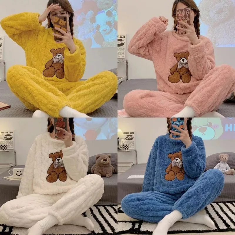 

Plus Size Plush Pajamas Women Autumn and Winter Plush Luscious Loungewear Long Sleeved Trousers 2 Piece Set Student Sleepwear