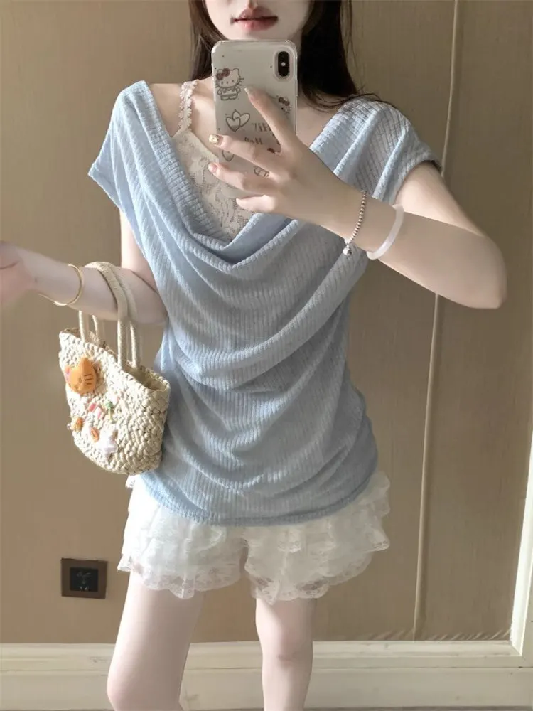 Blue Knitted Shoulder Bared T Shirt Women Summer Slim Fit Short Sleeve Top Thin Style Fake Two-Piece Waist Cinched Design