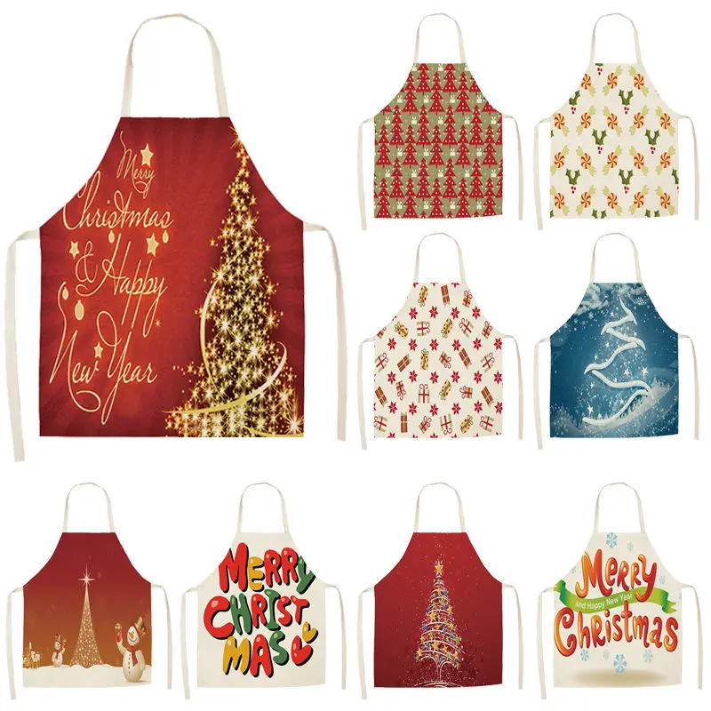 1pc Christmas Aprons Pinafore Cotton Linen Kitchen Apron Woman Bibs 55x68cm for Home Cooking Baking Cleaning Accessories