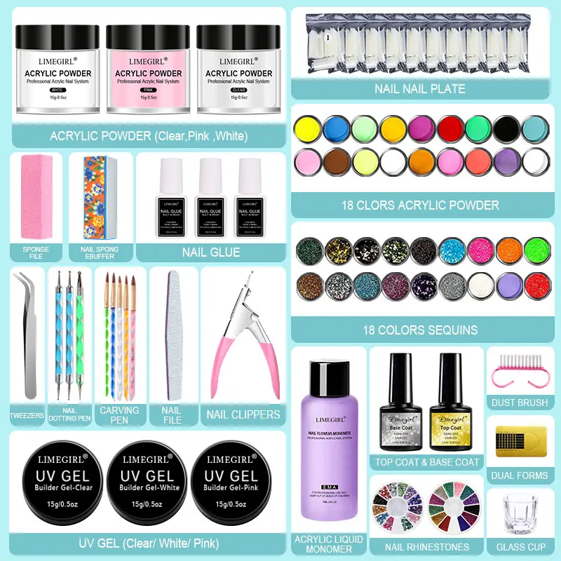 LIMEGIRL 18色アクリルパウダーキット プロフェッショナルネイルキット アクリルセット 初心者向け デコレーション付き ホームサロンギフトセット