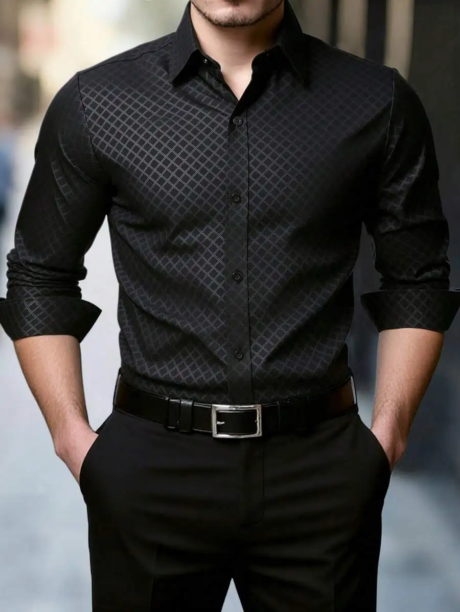 

Men's Black Geometric Pattern Button-Front Long Sleeve Casual Shirt