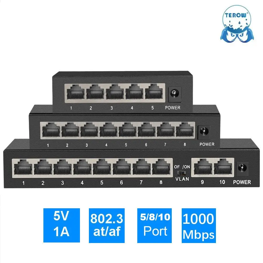 TEROW-Switch Full Gigabit Network, Ethernet RJ45 HUB, Vigilância de Segurança, Câmera IP, NVR, 5 Portas, 8 Portas, 10 Portas, 1000Mbps, 802.3at, af