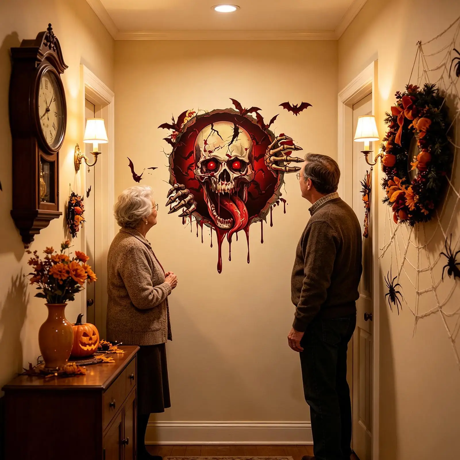 Halloween Wall Decals Self-Adhesive Waterproof Removable 30x90cm Bloody Skull Bat Breaking Through Wall Art For Home Bedroom