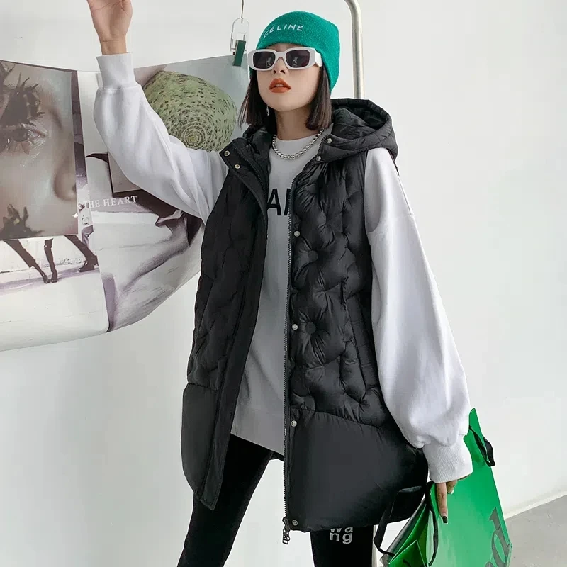 Preto com capuz colete jaqueta feminina streetwear 2024 outono inverno novo solto algodão sem mangas casaco casual feminino outwear