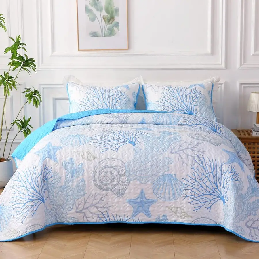 

Coastal Quilt Set King Size, 3 Pieces Blue Quilt Bedding Set with 2 Pillow Shams, Soft Microfiber Reversible Summer Beach Bedspr