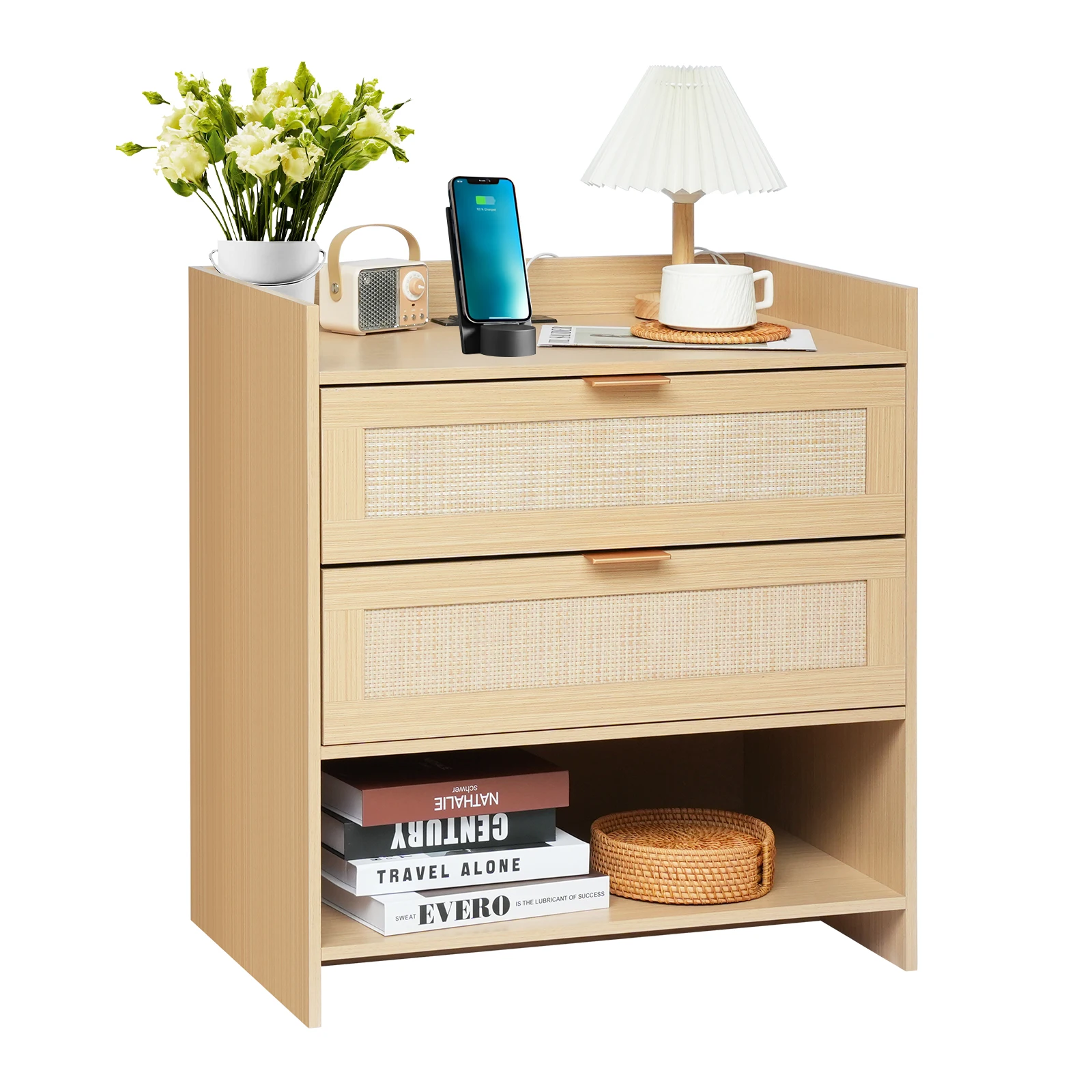 

Трехуровневая современная прикроватная тумбочка из дерева с выдвижным ящиком из ротанга, встроенным многофункциональным блоком розеток (2 розетки переменного тока и 2 порта USB)