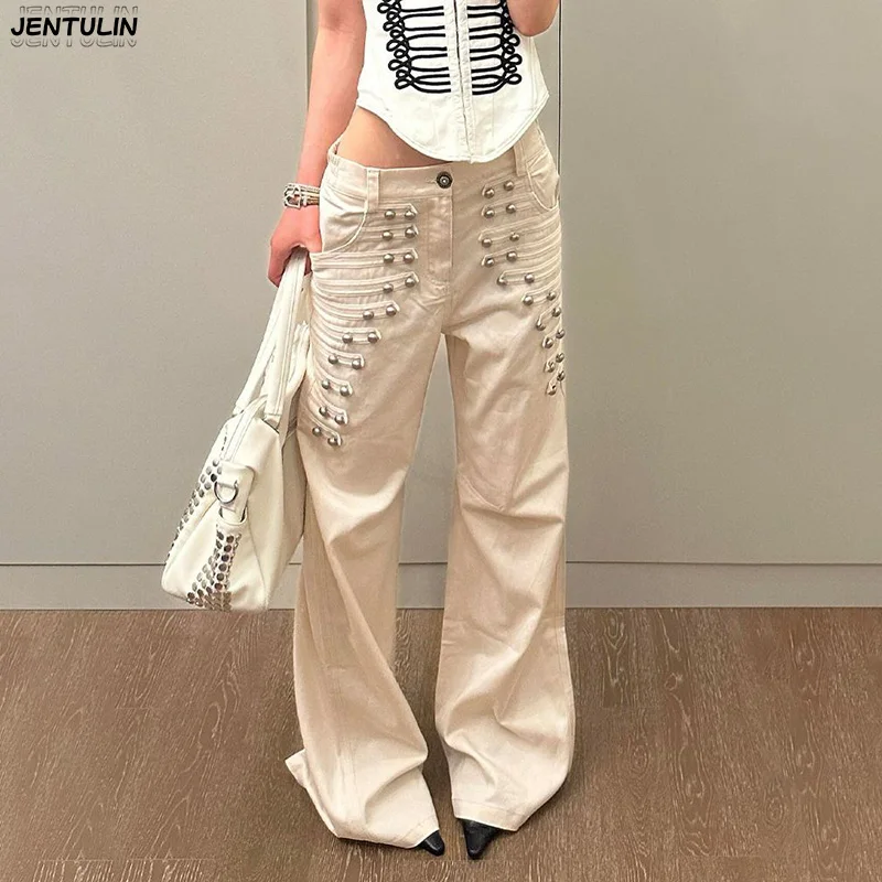 Amerikanische Retro-Jeanshose mit Metallschnallen-Design für Damen, Sommer, neuer Street-Style, flatternde, lockere, weit geschnittene, bodenlange Hose