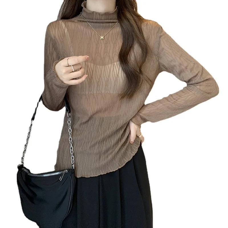 Suéter occidental de cuello medio alto para mujer, Otoño Invierno, nuevo Top ajustado de encaje, jersey de moda ligeramente ajustado