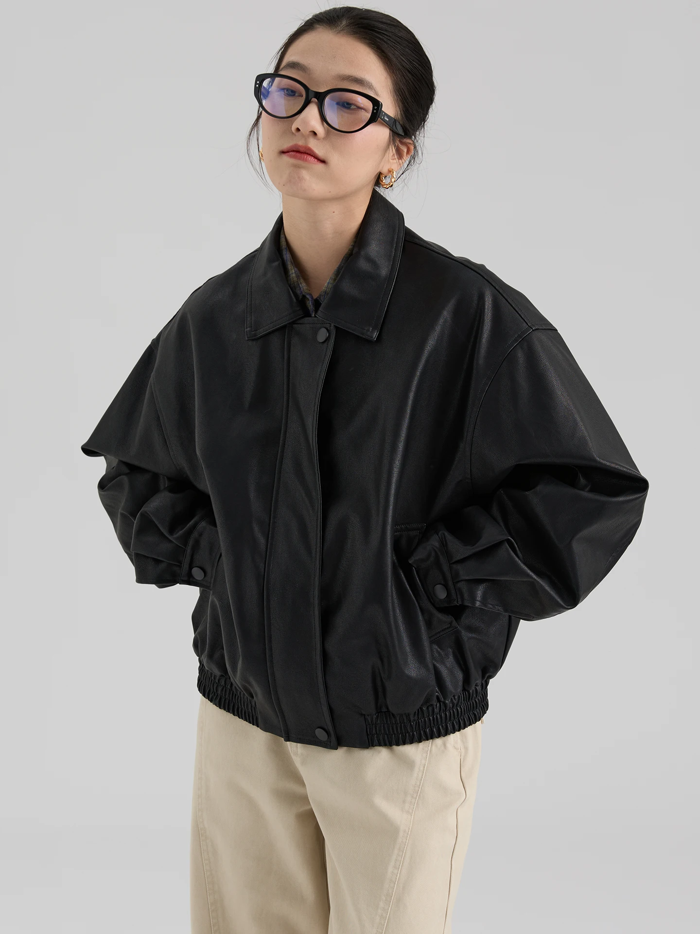 Jaqueta Feminina de Couro Solta Estilo Coreano com Gola Virada, Nova Coleção Primavera Outono, Casaco Feminino da Moda