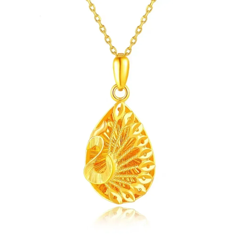 Top grade pure gold AU999 real gold 24K gold water drop peacock pendant wedding ancient necklace hollow pendant female necklace