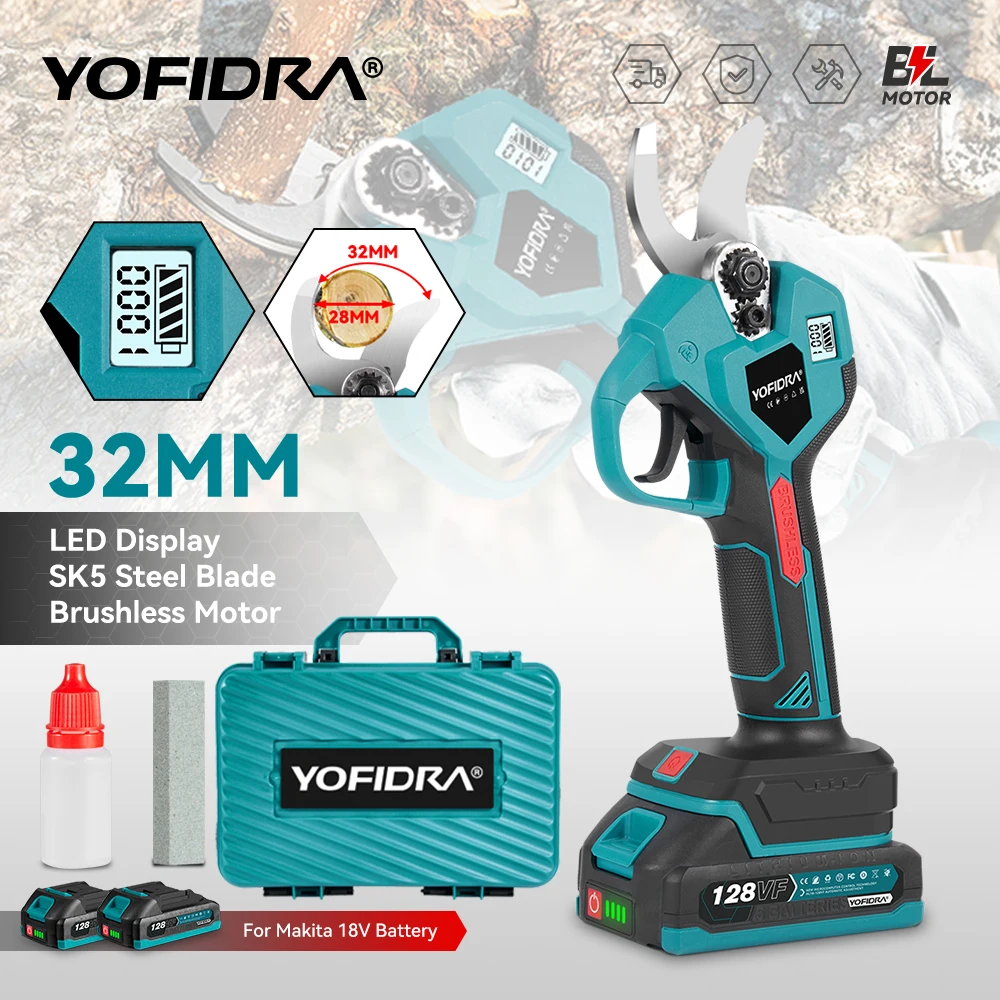 Image of YOFIDRA 32MM Cesoie da potatura senza spazzole efficienti Display digitale Forbici elettriche Strumenti per potatura di alberi da frutto per batteria 21V 18V cod004