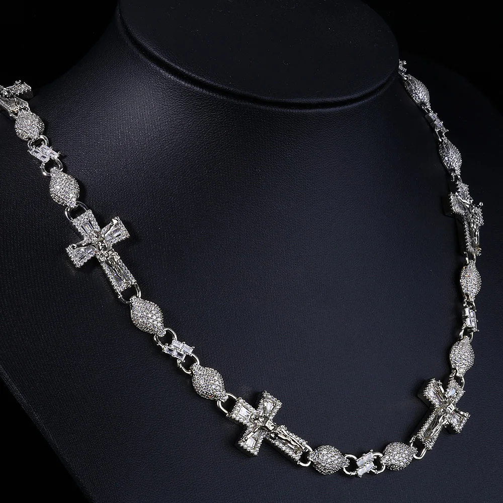 

ESKEEM Mens Party Hip Hop Jewelry Gold Silver Plated Baguette Zircon Iced Out Lab Diamond Cross Infinity Cuban Link Necklace
