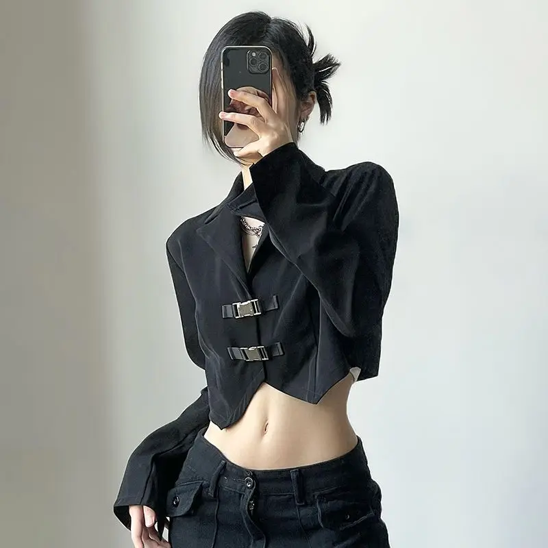 Cropped Black Blazer Women Long Sleeve Suit Jacket Buckle Belt Fashion Woman Blazer 2023 Casual Streetwear Short Jacket