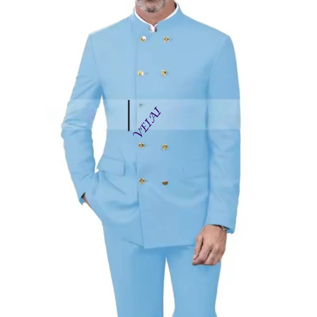 Customized2 Piece Stand Collar Double-Breasted Chinese Style Men's Suits With 3 Real Pocket Wedding SuitsTailored Fit (Blazer+Pa