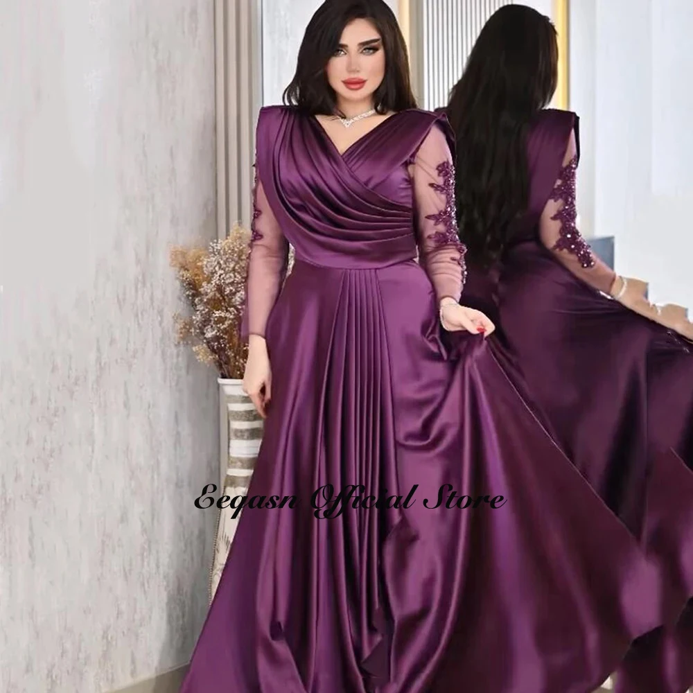 Customized Evening Dresses Stretch Satin Long Sleeve V Neck Prom Gowns Arabic Women Formal Party Occasion فساتين سهرة فخمه