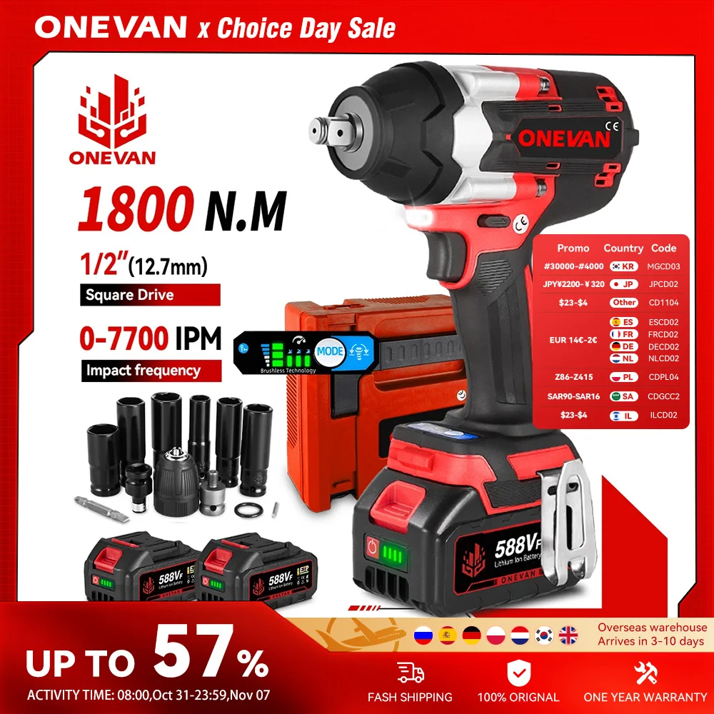 ONEVAN 1800N.M Brushless Electric Impact Wrench 1/2 Inch Lithium-Ion Battery Cordless Power Tool For Makita 18V Battery Pin