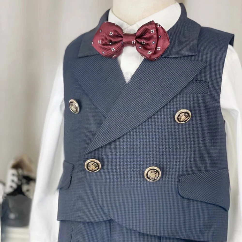 Boys Tuxedo Children Formal Wedding Suit Kids Grey grid Vest Short Botwtie  Suit Flower Boys Birthday Party Dress Costume