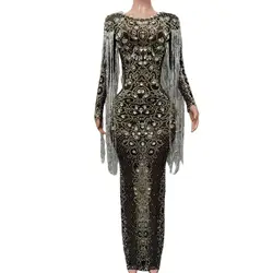 Sexy Silver Sequin Fringes Transparent Mesh Dress Women Evening Birthday Celebrate Outfit Sexy Performance Costume Shuiliandong