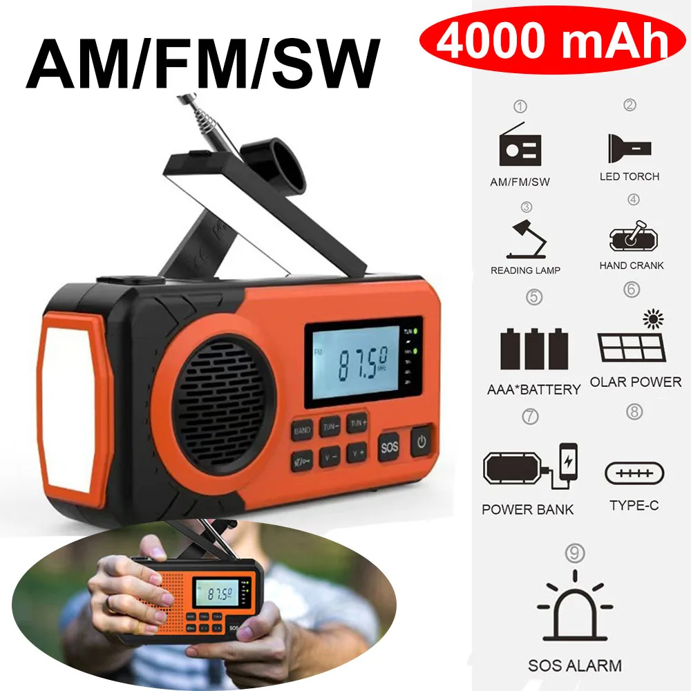 

4000mAh Emergency Solar Power Radio FM AM SW Weather Radio Hand Crank PowerBank With LED Reading Lamp Flashlight USB Charging