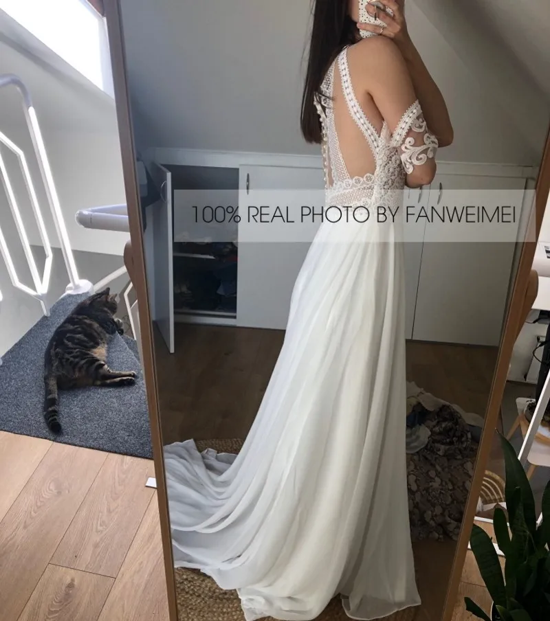 100% foto reali 2020 nuovo Design staccabile manica corta collo alto A-Line Chiffon abiti da sposa estivi all'ingrosso