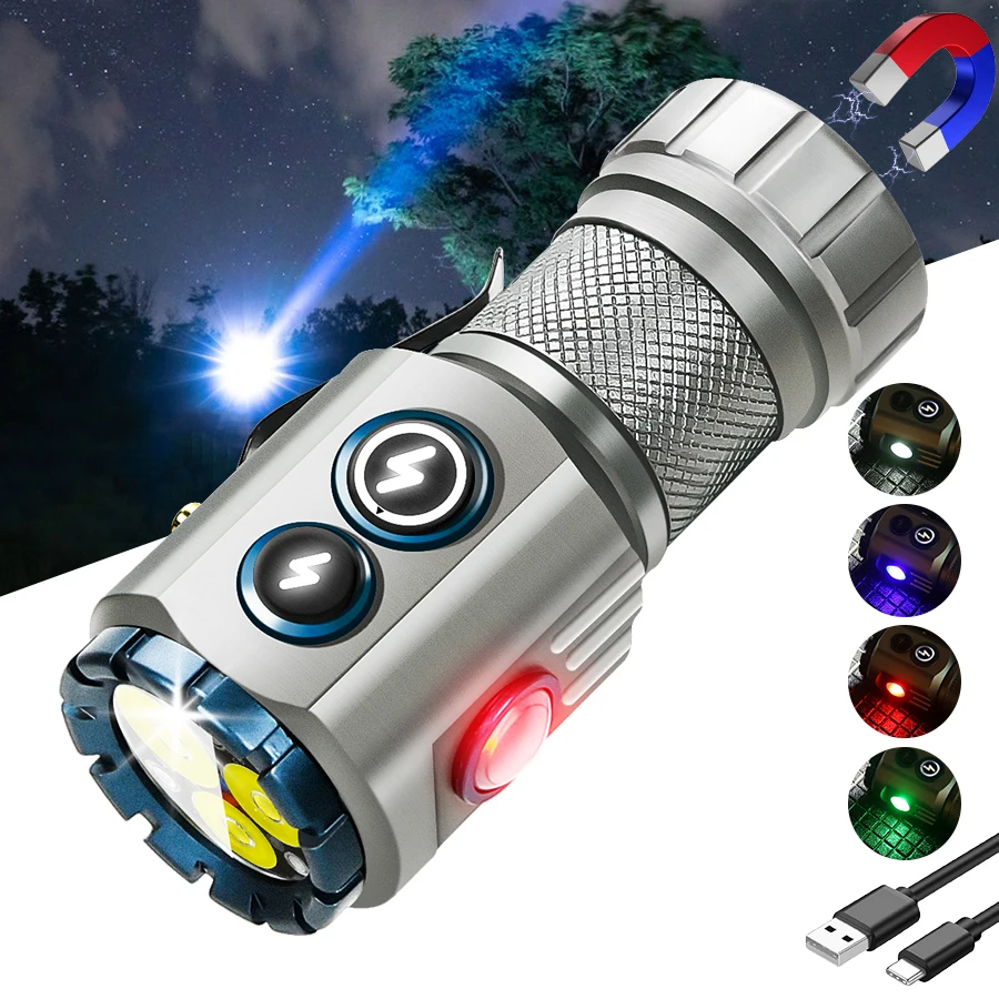 Super Powerful 3LED Mini Flashlight Rechargeable 18350 Battery Bright Spotlight Torch Magnetic Suction Emergency Campin Lantern