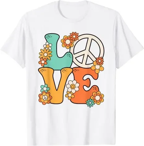 Cute Peace-Sign Print with Flowers Graphic Tee Sayings Outfits Peace Sign Love 60s 70s Costume Groovy Hippie Theme Party T-Shirt