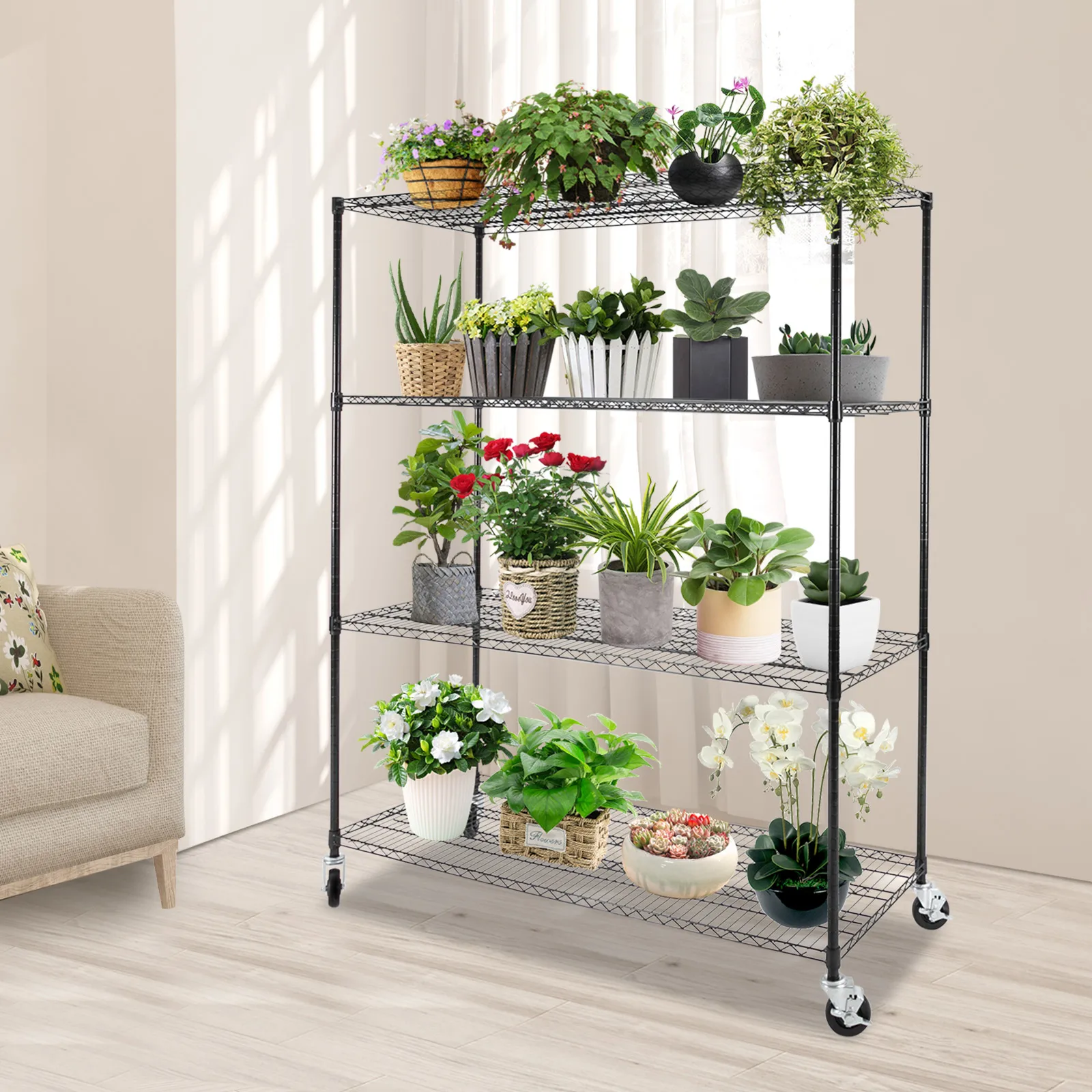 

4-Tier Heavy Duty Wire Shelving,Carbon Steel Storage Rack,120lb Capacity Per Shelf,Adjustable & Mobile