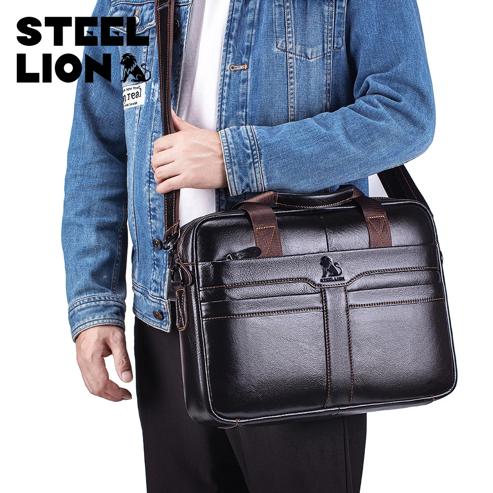 Valigetta da uomo in pelle STEEL LION, borsa da ufficio aziendale di grande capacità, borsa per computer in pelle di vacchetta, può essere portata a mano o a spalla