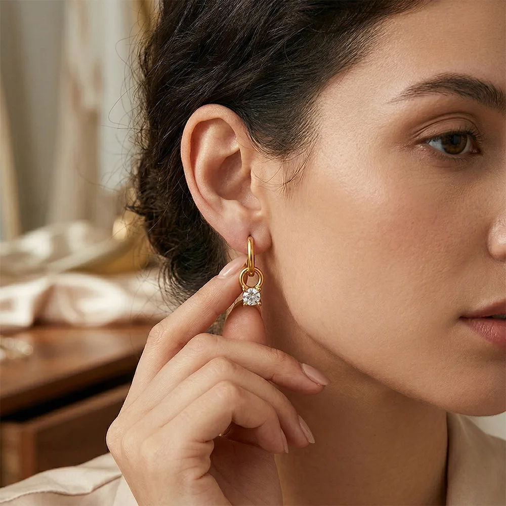 Stainless Steel CZ Charm Huggie Hoop Earrings, Gold Plated Zircon Lock Charm Small Hoops, Minimalist Drop Earrings for Women