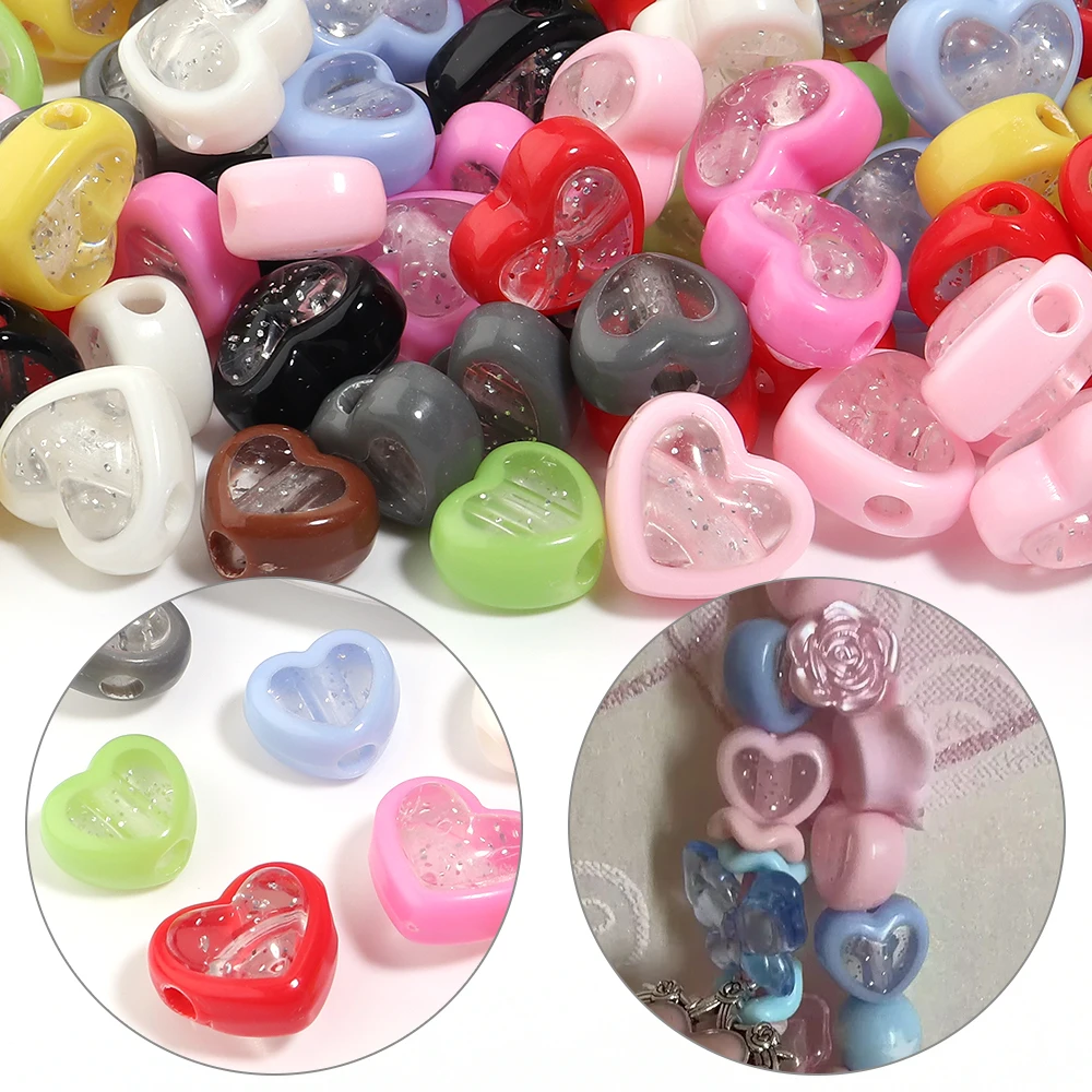 20pcs/lot Filled Glitter Powder Heart Acrylic Beads Mixed Color Loose Spacer Bead for DIY Necklace Bracelet Jewelry Making