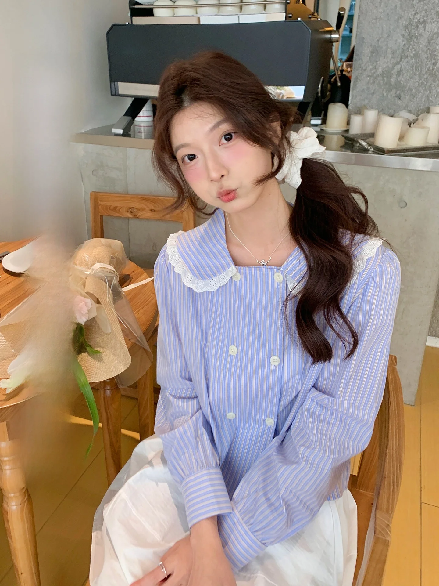 

Sweet Sle Striped Loose Fit irt for Women Cheese Rabbit Design Button up Doll Collar Slimming Top Korean Girl Feel