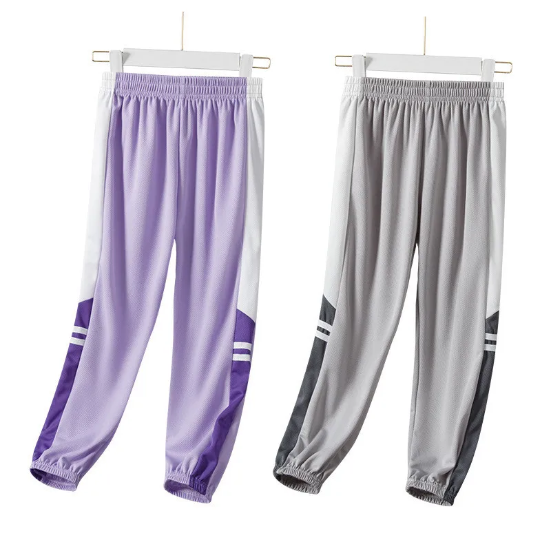 

Size 120-175 Summer Boys Girls Sports Pants New Breathable Color Patched Long Jogging Trousers for Children 4-16 Years