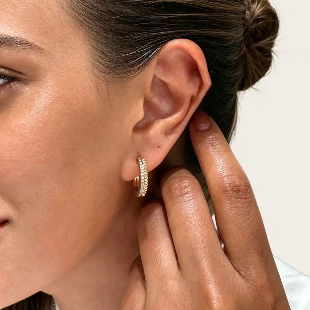 S925 Sterling Silver Grosgrain Diamond-Set Women's Ear Stud CNC Plated 18K Gold Circle Earrings